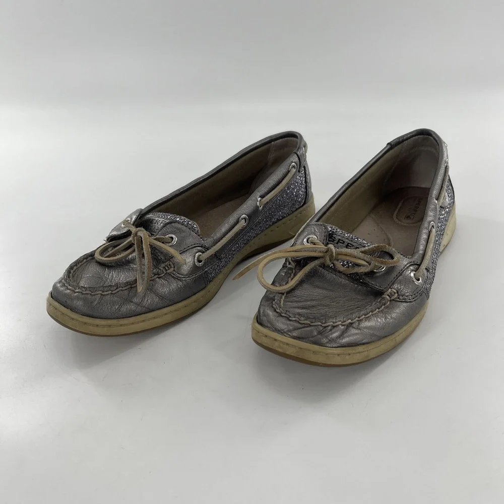 Sperry Angelfish Top-Sider Women 9 Silver Leather Shimmer Boat Shoe Preppy Deck‎